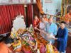 प्राचीन लेटे हुए हनुमान जी को चढ़ाया चांदी का विशाल गदा